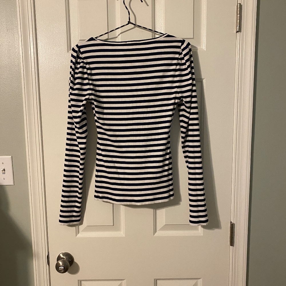 J. Crew Navy and White Striped Long Sleeve Ribbed Tee - Picture 6 of 8